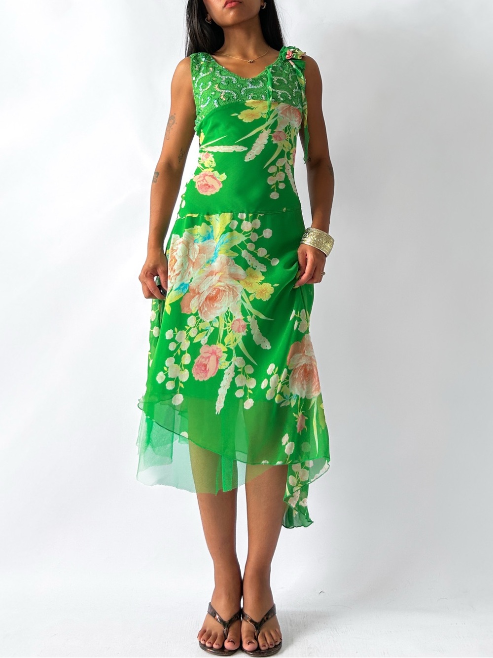 Vintage Green Floral High-Low Slip Dress with Beaded Neckline